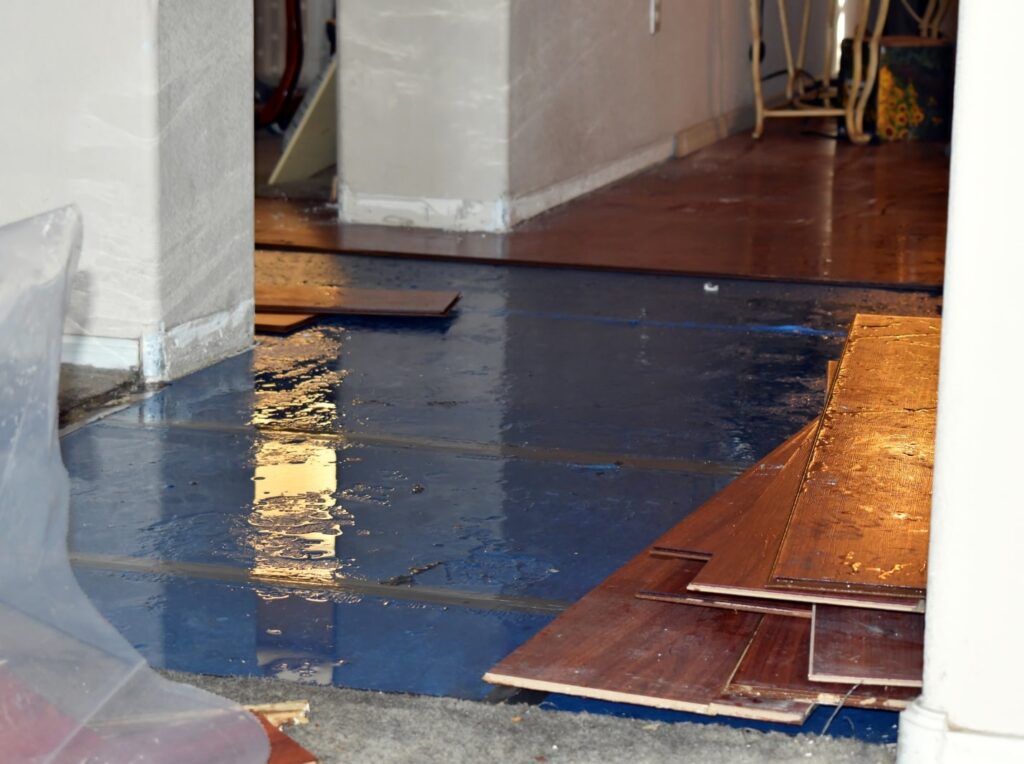 Home interior with damaged hardwood floors and water.